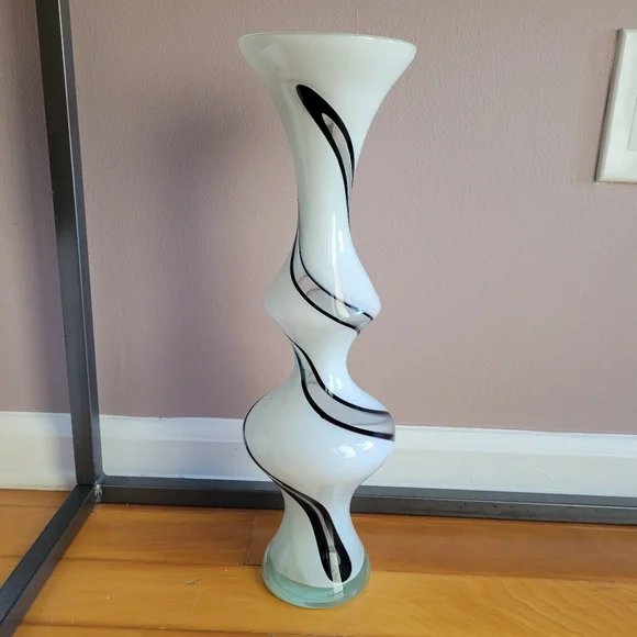 Large White and Black Swirl Glass Vase Black Clear Glass White 16.5" Tall Approx - Picture 1 of 14